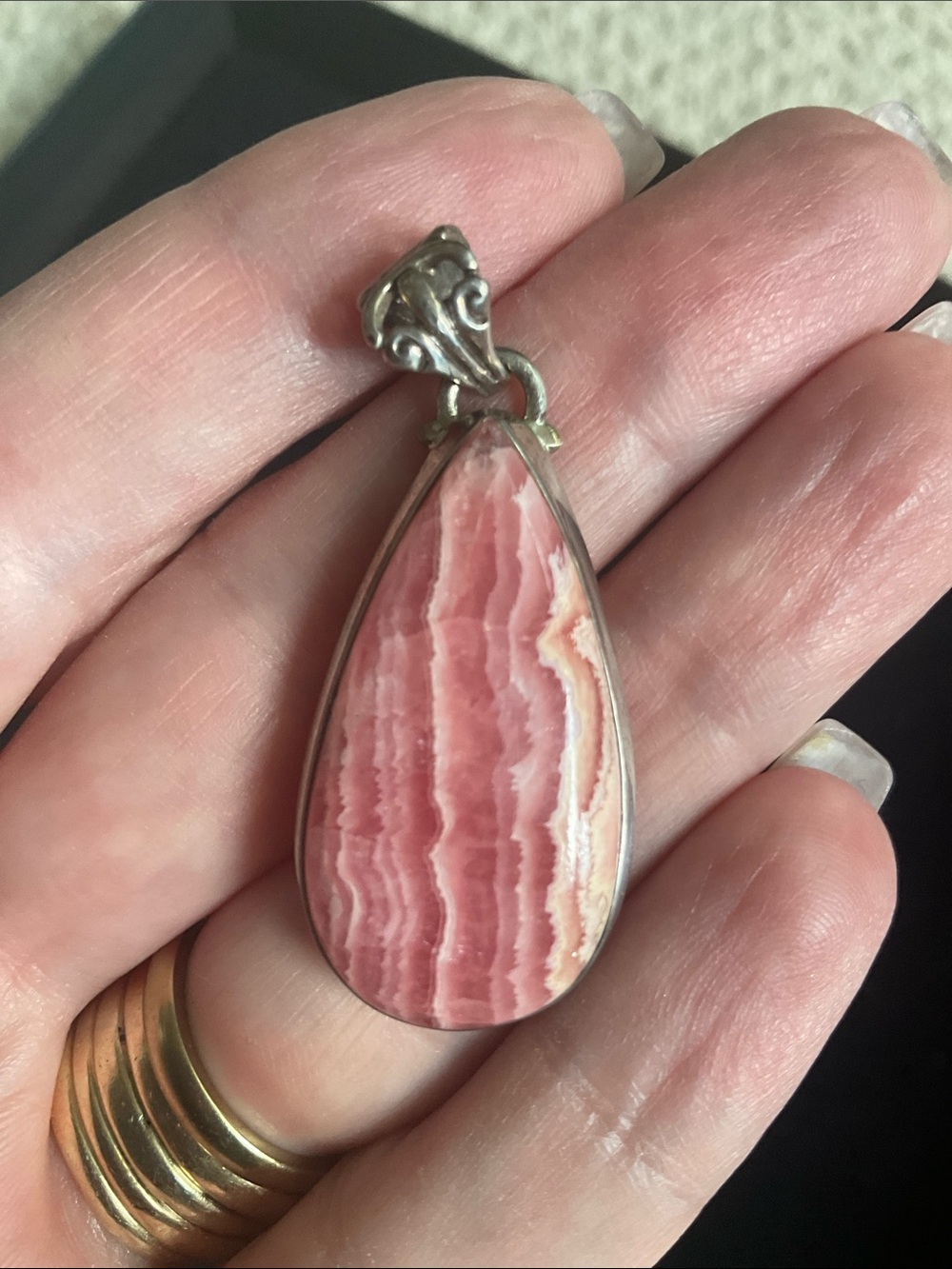 Sterling Silver Pink Rhodochrosite Teardrop Pendant - Picture 5 of 5